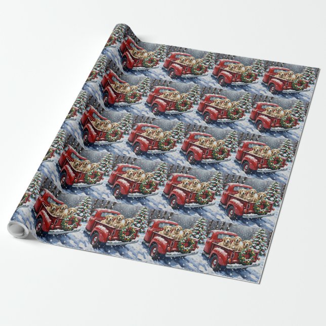 Old English Sheepdog Christmas Red Truck Holiday Wrapping Paper (Unrolled)