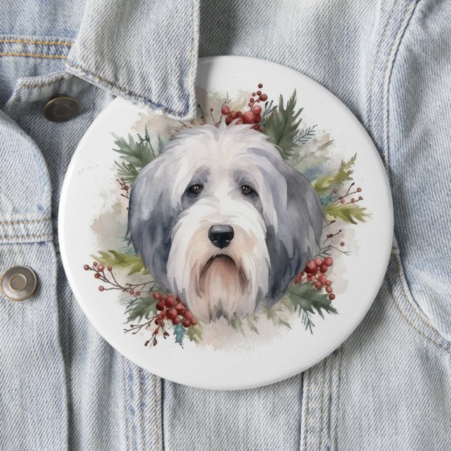 Old English Sheepdog Christmas Wreath Festive Pup  Button (In Situ)