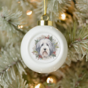 Old English Sheepdog Christmas Wreath Festive Pup  Ceramic Ball Christmas Ornament