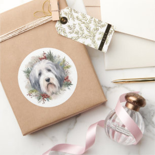 Old English Sheepdog Christmas Wreath Festive Pup Classic Round Sticker