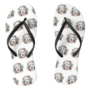 Old English Sheepdog Christmas Wreath Festive Pup  Flip Flops