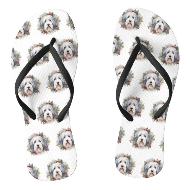 Old English Sheepdog Christmas Wreath Festive Pup  Flip Flops (Footbed)