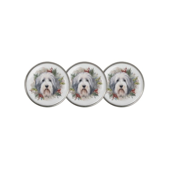 Old English Sheepdog Christmas Wreath Festive Pup  Golf Ball Marker (3 Up)