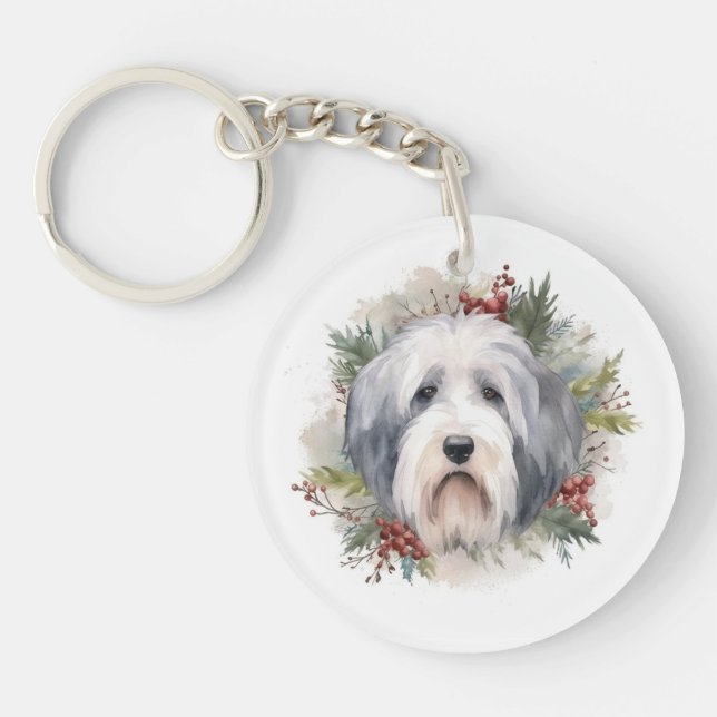 Old English Sheepdog Christmas Wreath Festive Pup  Keychain (Front)