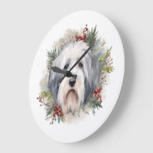 Old English Sheepdog Christmas Wreath Festive Pup  Large Clock