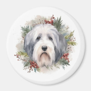 Old English Sheepdog Christmas Wreath Festive Pup Magnet