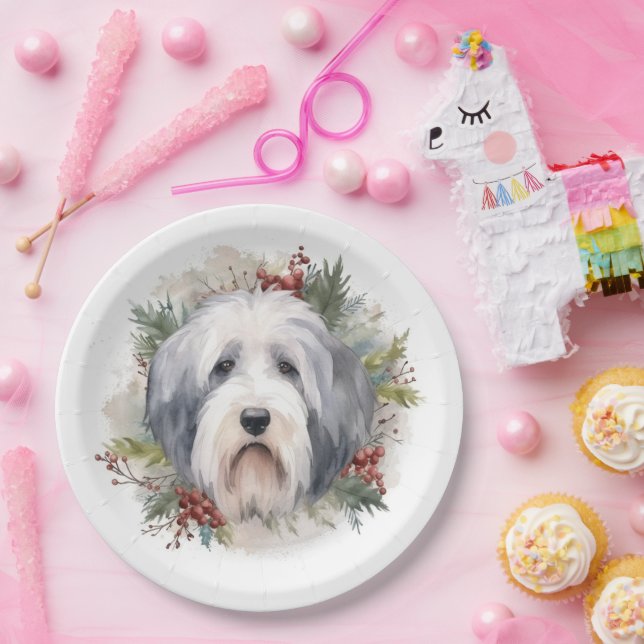 Old English Sheepdog Christmas Wreath Festive Pup  Paper Plates (Party)