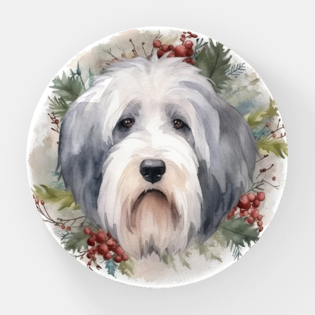 Old English Sheepdog Christmas Wreath Festive Pup  Paperweight (Front)