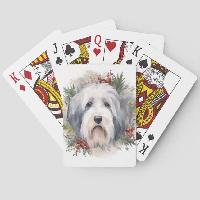 Old English Sheepdog Christmas Wreath Festive Pup  Poker Cards (Back)