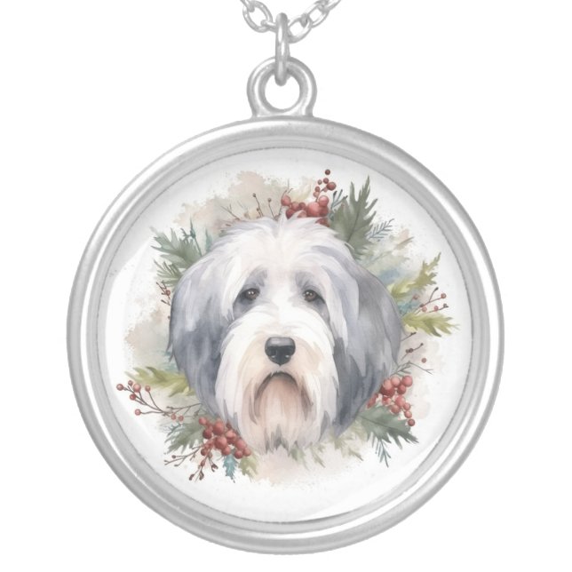 Old English Sheepdog Christmas Wreath Festive Pup  Silver Plated Necklace (Front)