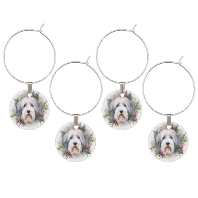 Old English Sheepdog Christmas Wreath Festive Pup  Wine Charm (Staggered)