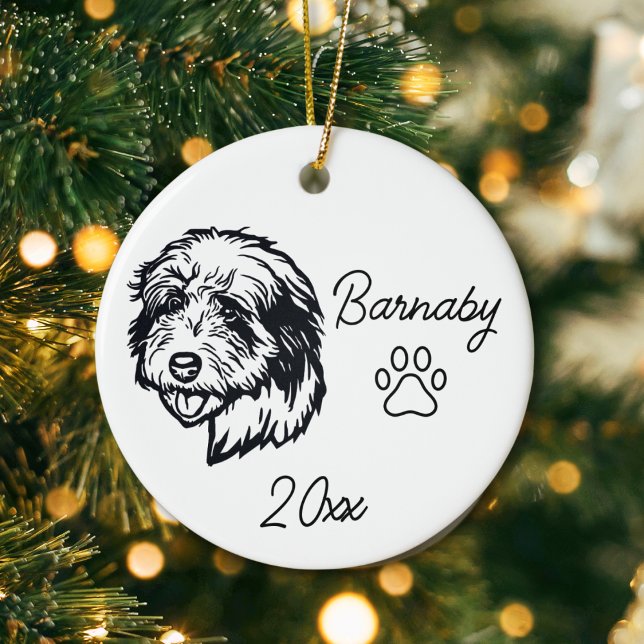 Old English Sheepdog Custom Name and Year Line Art Ceramic Ornament (Old English sheepdog ornament with custom name and year and paw print. Black and White Line Art)