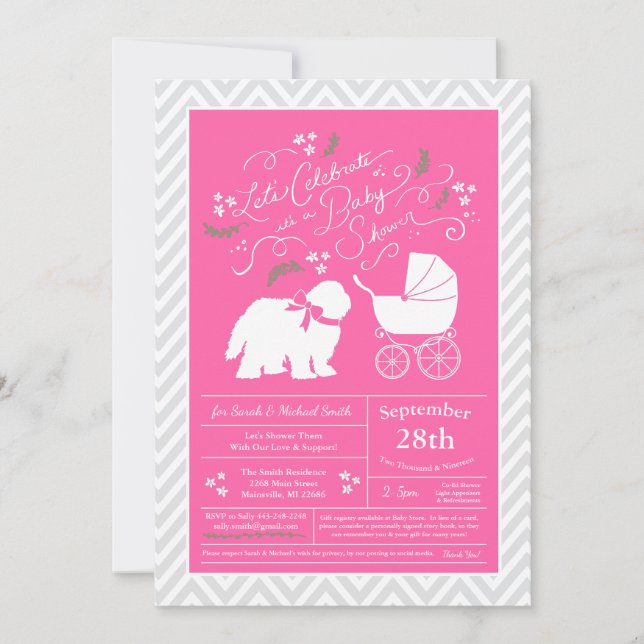 Old English Sheepdog Dog Baby Shower Girl Pink Invitation (Front)