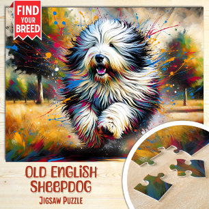 Old English Sheepdog Dog Portrait Acrylic Art Jigsaw Puzzle