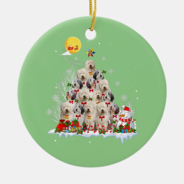Old English Sheepdog Dog Reindeer Pine Christmas Ceramic Ornament (Front)