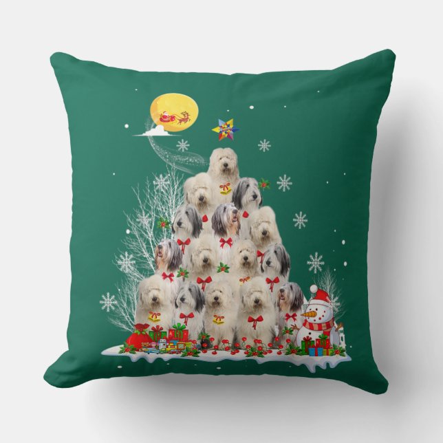 Old English Sheepdog Dog Reindeer Pine Christmas Throw Pillow (Front)