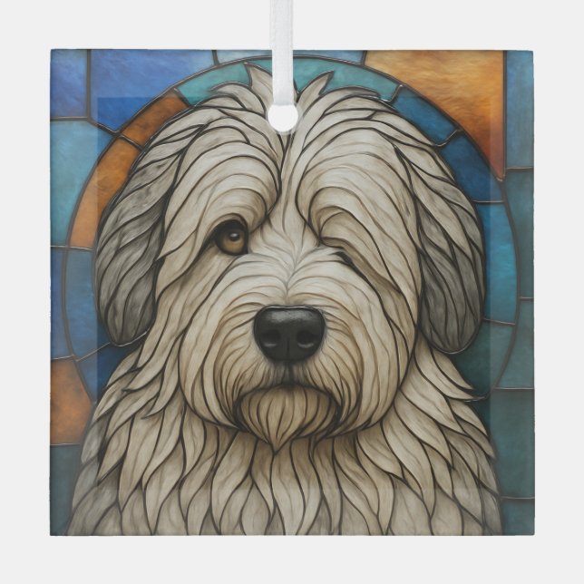 Old English Sheepdog Dog "Stained Glass" Glass Ornament (Front)