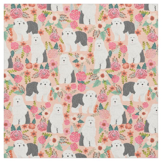 old english sheepdog dog vintage florals peach fabric (Close Up)