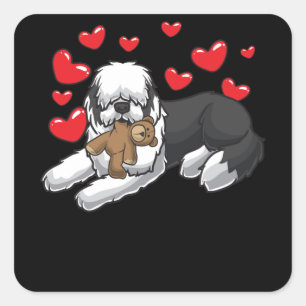 Old English Sheepdog Dog With Stuffed Animal And Square Sticker