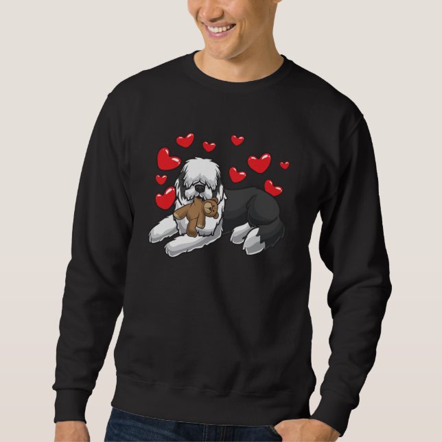 Old English Sheepdog Dog With Stuffed Animal And Sweatshirt (Front)