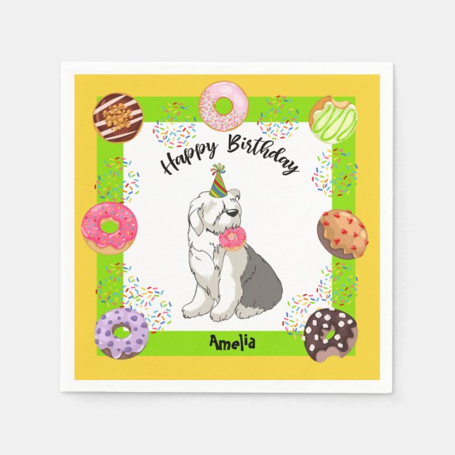 Old English Sheepdog Donuts Party Birthday Napkins (Front)