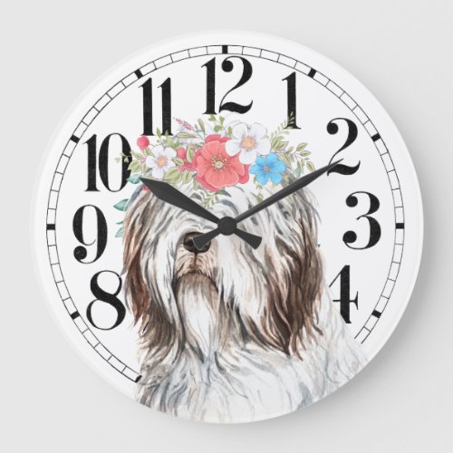 Old english sheepdog face floral headpiece numeral large clock