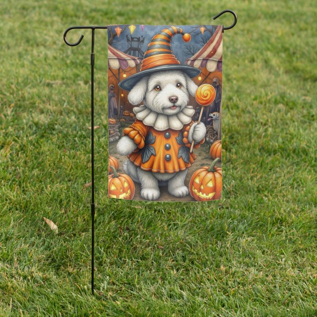 Old English Sheepdog Halloween Jester Spooky Dog Garden Flag (In SItu)