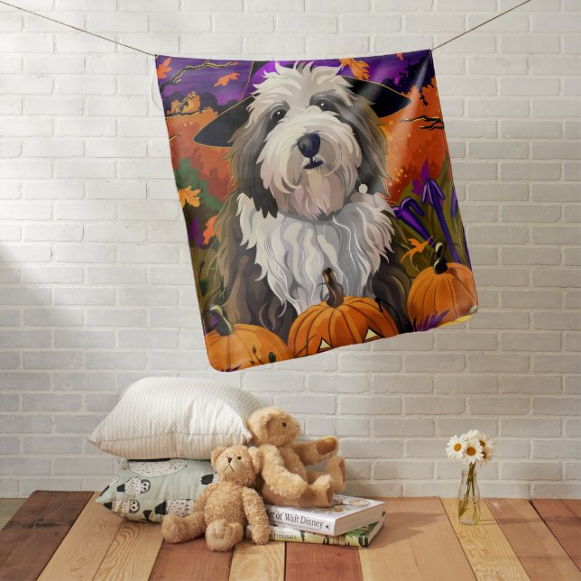 Old English Sheepdog Halloween Witch Pumpkin Baby Blanket (In Situ)
