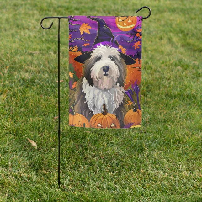 Old English Sheepdog Halloween Witch Pumpkin Garden Flag (In SItu)