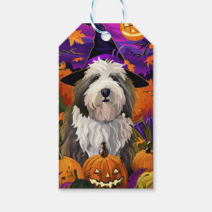 Old English Sheepdog Halloween Witch Pumpkin Gift Tags