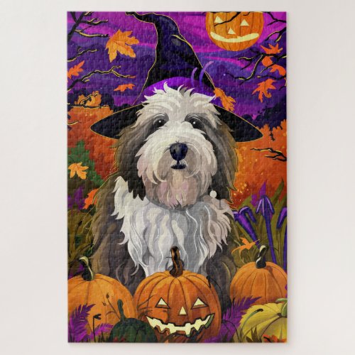 Old English Sheepdog Halloween Witch Pumpkin Jigsaw Puzzle