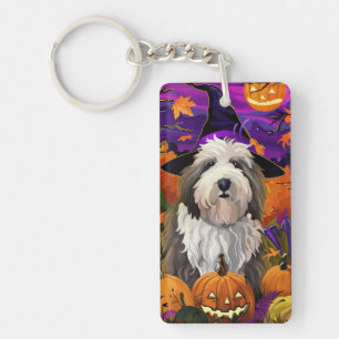 Old English Sheepdog Halloween Witch Pumpkin Keychain