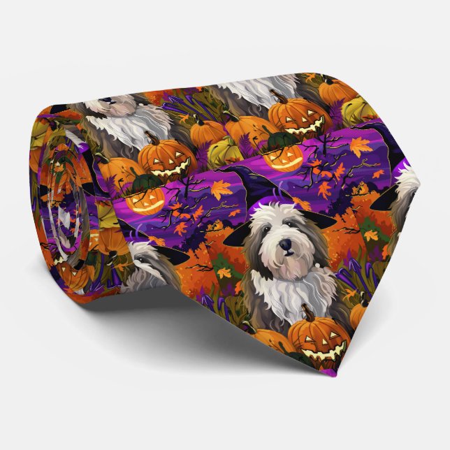 Old English Sheepdog Halloween Witch Pumpkin Neck Tie (Rolled)