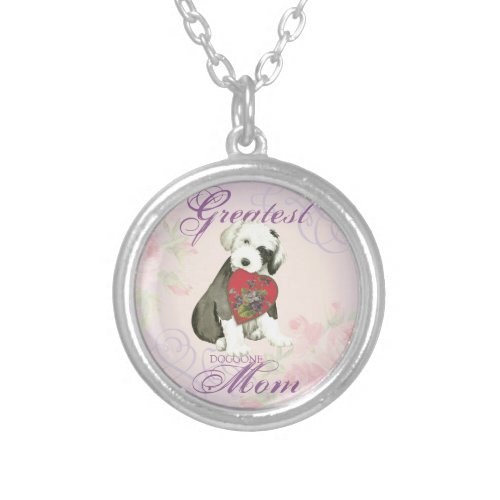 Old English Sheepdog Heart Mom Silver Plated Necklace