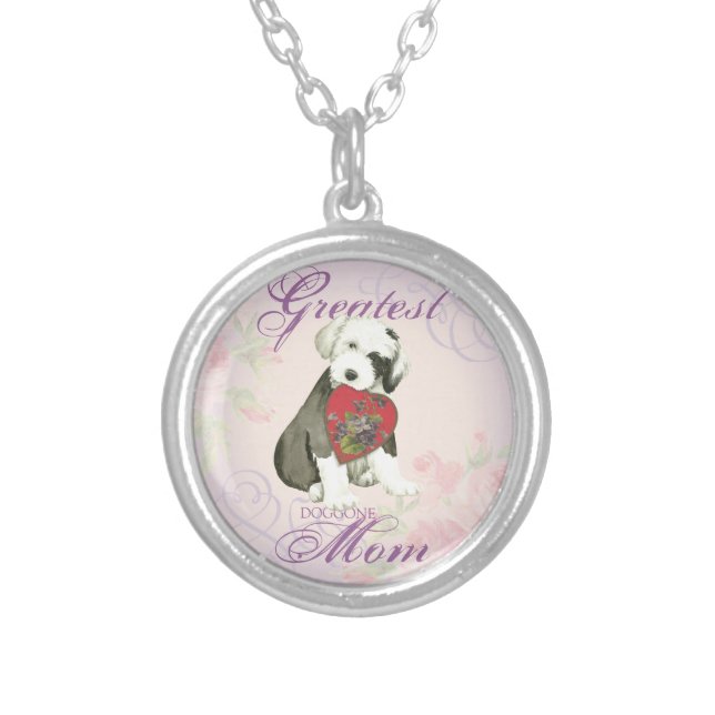 Old English Sheepdog Heart Mom Silver Plated Necklace (Front)