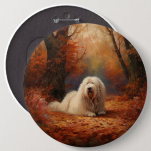 Old English Sheepdog in Autumn Leaves Fall Inspire Button