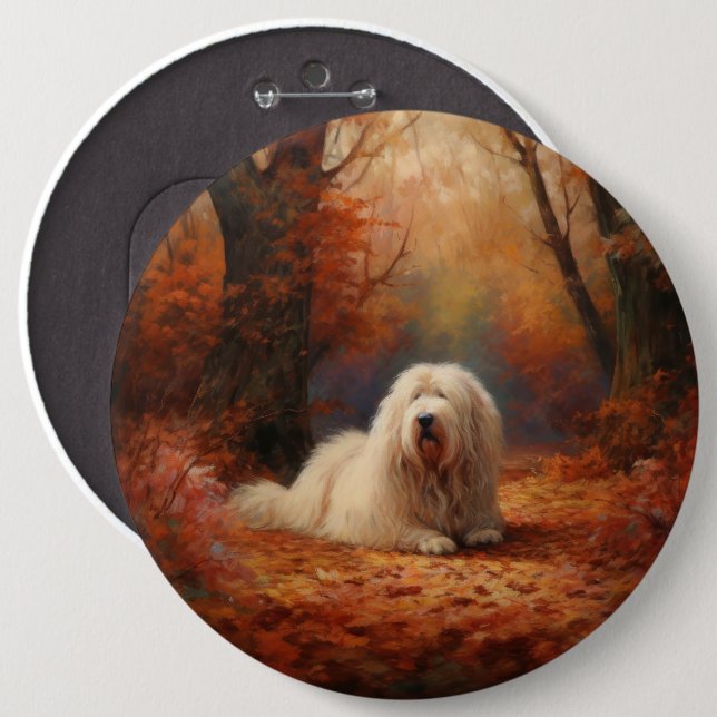 Old English Sheepdog in Autumn Leaves Fall Inspire Button (Front & Back)