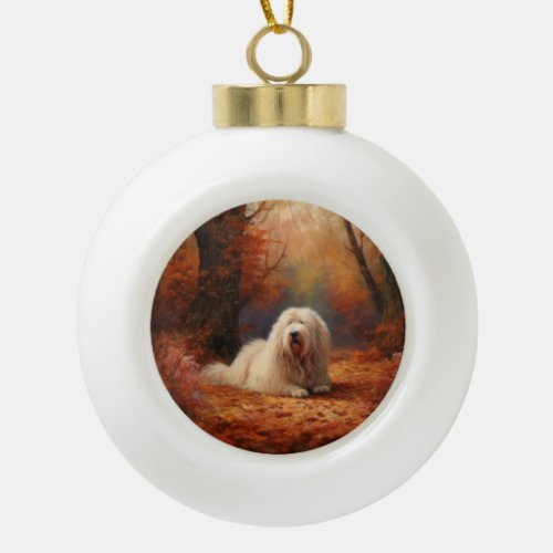 Old English Sheepdog in Autumn Leaves Fall Inspire Ceramic Ball Christmas Ornament
