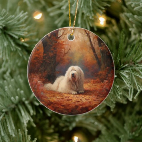 Old English Sheepdog in Autumn Leaves Fall Inspire Ceramic Ornament