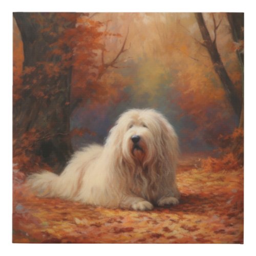 Old English Sheepdog in Autumn Leaves Fall Inspire Faux Canvas Print