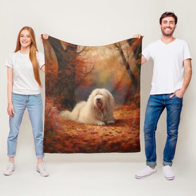 Old English Sheepdog in Autumn Leaves Fall Inspire Fleece Blanket (In Situ)