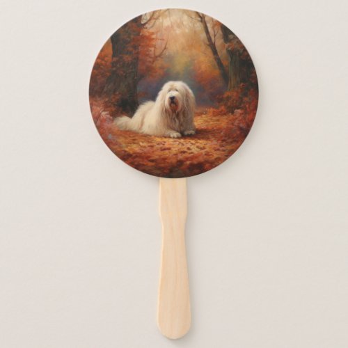 Old English Sheepdog in Autumn Leaves Fall Inspire Hand Fan