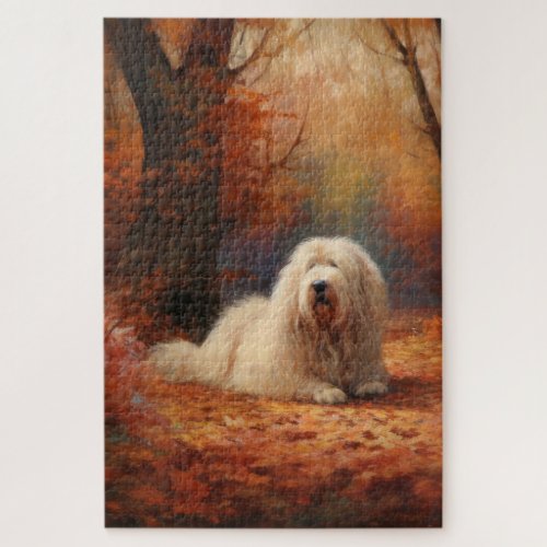 Old English Sheepdog in Autumn Leaves Fall Inspire Jigsaw Puzzle