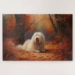 Old English Sheepdog in Autumn Leaves Fall Inspire Jigsaw Puzzle