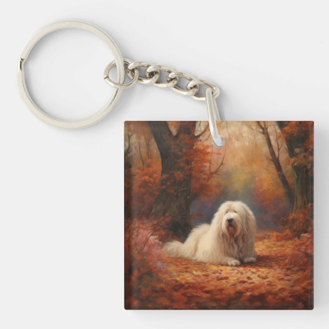 Old English Sheepdog in Autumn Leaves Fall Inspire Keychain (Front)