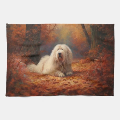 Old English Sheepdog in Autumn Leaves Fall Inspire Kitchen Towel