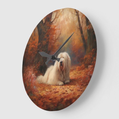 Old English Sheepdog in Autumn Leaves Fall Inspire Large Clock