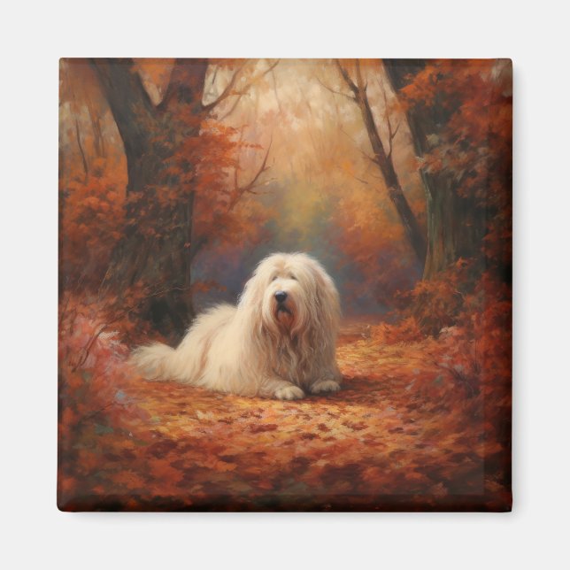 Old English Sheepdog in Autumn Leaves Fall Inspire Magnet (Front)