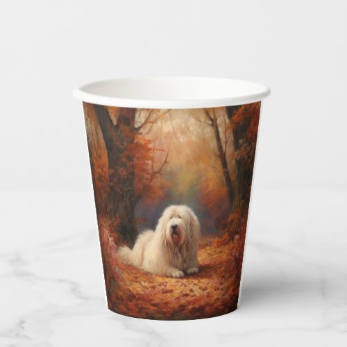 Old English Sheepdog in Autumn Leaves Fall Inspire Paper Cups