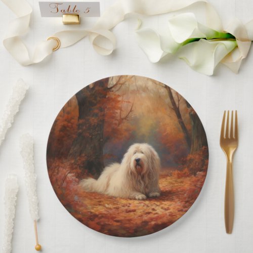 Old English Sheepdog in Autumn Leaves Fall Inspire Paper Plates